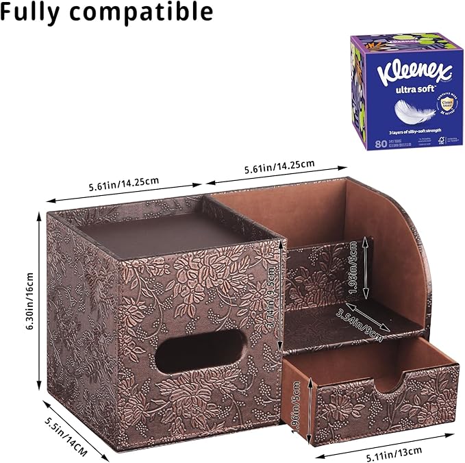YAPISHI Tissue Box Cover with Storage Tray and Drawer, PU Leather Square Tissue Box Holder, Modern Cube Facial Tissue Dispenser, Makeup Holder, Remote Control Organizer for Nightstand, Bathroom Vanity