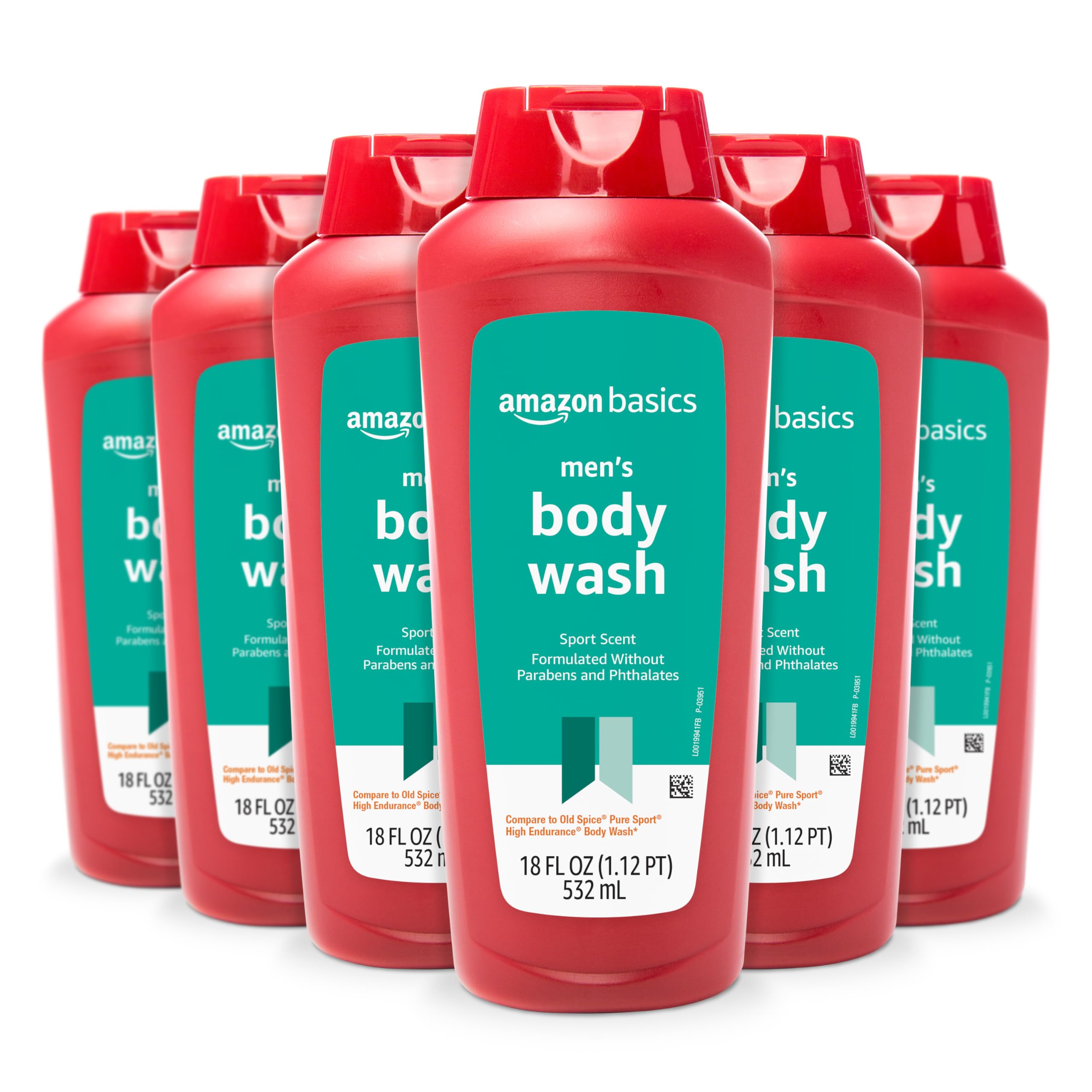 Amazon Basics Men's Body Wash, Sport Scent, Paraben and Phthalate Free, Refreshing Clean, 18 Fluid Ounce, 6-Pack