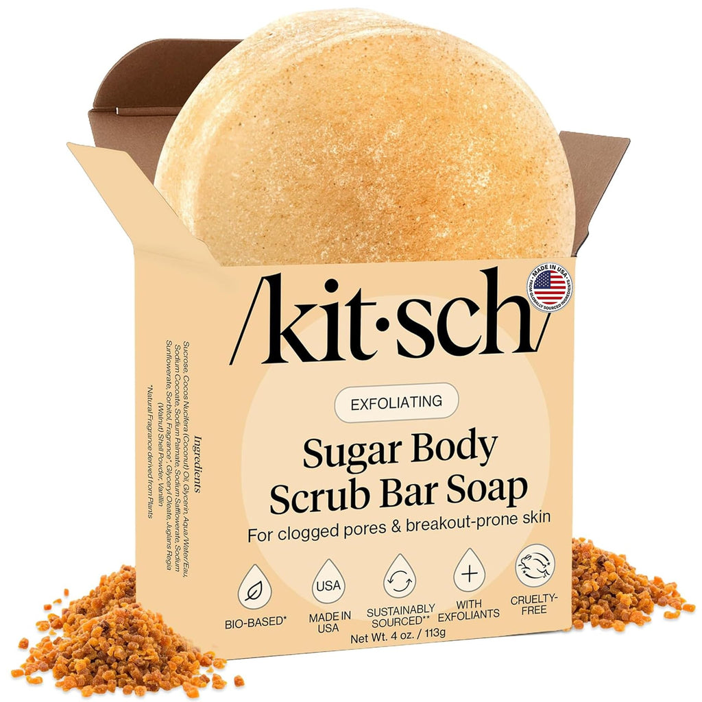 Kitsch Exfoliating Sugar Body Scrub Bar Soap – Polishing Soap Bar with Granules, Walnut Shell & Coconut Oil – Hydrating Exfoliating Body Scrub for Smooth, Glowing Skin Care – Made in the USA - 4 oz