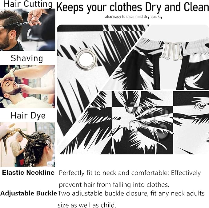Visesunny Barber Cape - Tropical Coconut Tree Black White Grid Polyester Hair Cutting Salon Apron Anti-Static Haircut Shaving Cloth Beard Shaving Bib Hairdressing Cape