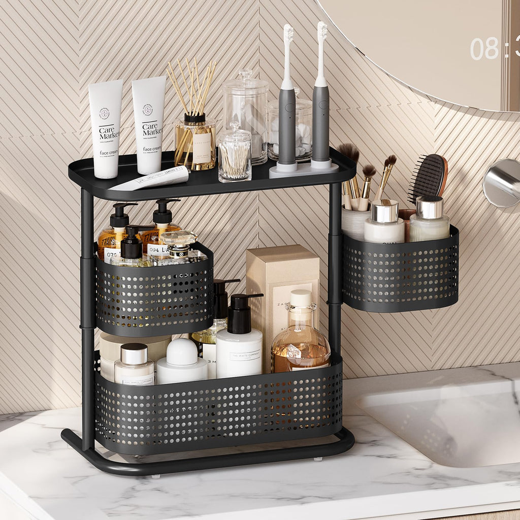KINGRACK Metal Bathroom Counter Organizer，Rotating Countertop Storage Shelf | 3 Tier, Cosmetic Holder for Skincare & Makeup, Kitchen Spice Rack, Bedroom Nightstand Organizer, Black