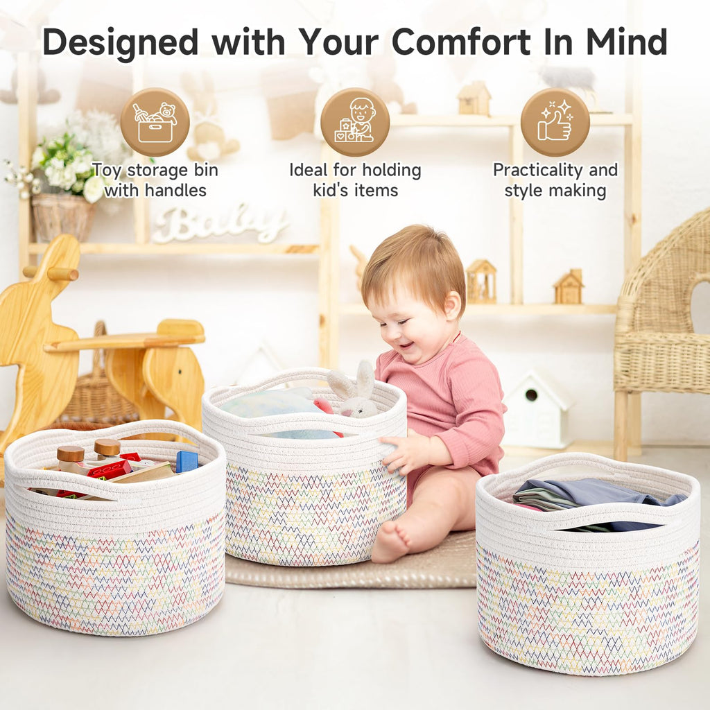 Maxuni 3 Pack Small Rope Storage Baskets, 9.82×9.82×7.1", Rainbow