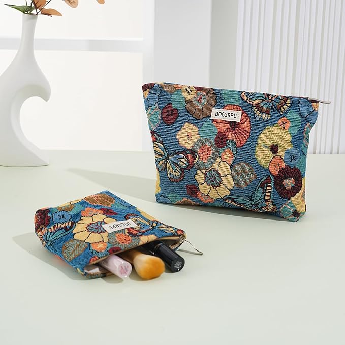 BOCGRPU 2 PCS Makeup Bag Set，Portable Small Cosmetic Bag for Purse ，Large Storage Capacity Toiletry Bag Organizer，Travel Pouch with Zipper for Women, (Flower Garden Blue)