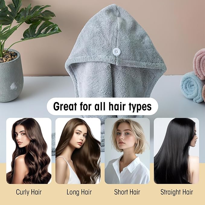 2 Pack Microfiber Hair Towels for Women - Super Absorbent & Fast Drying Hair Wrap Cap for Thick Long Curly Hair, Soft Bath Towel for Shower, Gym, Travel (Grey)