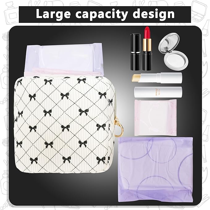Period Bag for Girls, Corduroy Sanitary Napkin Storage Bag, Period Pouch & Tampon Holder, Feminine Care Organizer（Black Bow）