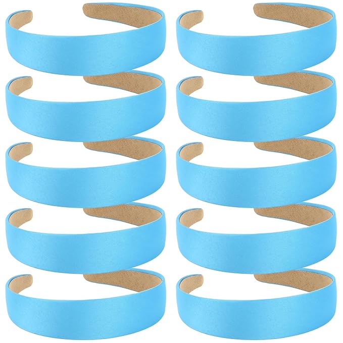 Wecoe 10 Pack Satin 1.3 Inch Wide Light Blue Headbands for Women & Girls - Non-Slip Fashion Hair Accessories for DIY Holiday Costume, Diademas Coreanas Para Mujer