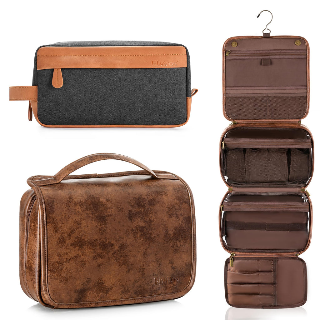 Elviros Hanging Travel Toiletry Bag Gift for Men，Mens Toiletries Bag Gifts Set Shaving Dopp Kit Water-resistant Bathroom Toiletries Organizer PU Leather Cosmetic Bags 2 Pack