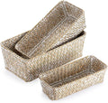 3 Natural Wicker Baskets Set Rectangular Handwoven Seagrass Basket Storage Bins Home Organizer Bins - Household Basket Box for Shelf Wardrobe Desktop Home Decor (Whitewash)