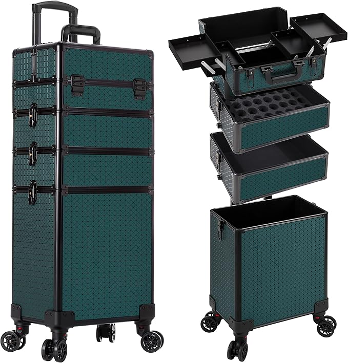 AROUS Rolling Train Makeup Case Cosmetology Case on Wheels, Green