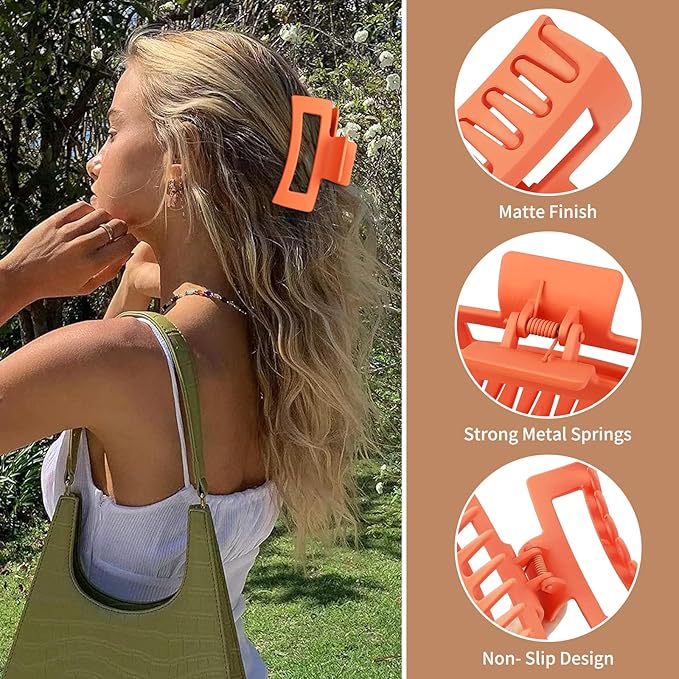 Sisiaipu 3.5 Inch Medium Hair Claw Clips 6 Pack Hair Clips for Women Square Rectangle Claw for Hair Banana Jaw Clips Hair Accessories for Girls (Orange)