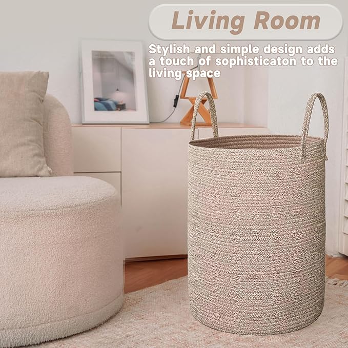 JMvicyroam Large Woven Laundry Basket Hamper,80L Cotton Rope Storage Bin for Blankets,Toys and Clothes,Decorative Tall Nursery Hamper for Living Room,Baby Nursery,Bathroom and Bedroom,Oatmeal