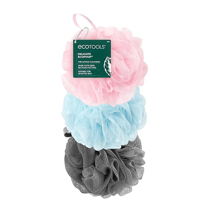EcoTools EcoPouf 3 Pack Bath Sponge Set, Soft Recycled Netting Shower Poufs for Gentle Exfoliating & Daily Body Cleansing, Rich Lather Loofah Sponges, Vegan & Cruelty-Free
