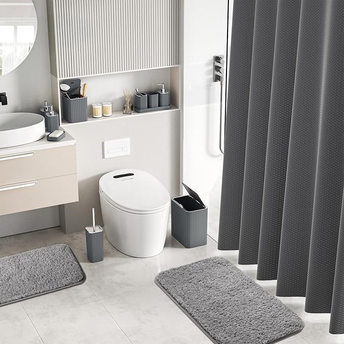 InnJoey Bathroom Accessory Set - Bathroom Set, 27PC Bathroom Accessories Set, Grey Bathroom Sets with Shower Curtain and Rugs, Mini Trash Can, Toilet Brush, Trash Can & Soap Dispenser