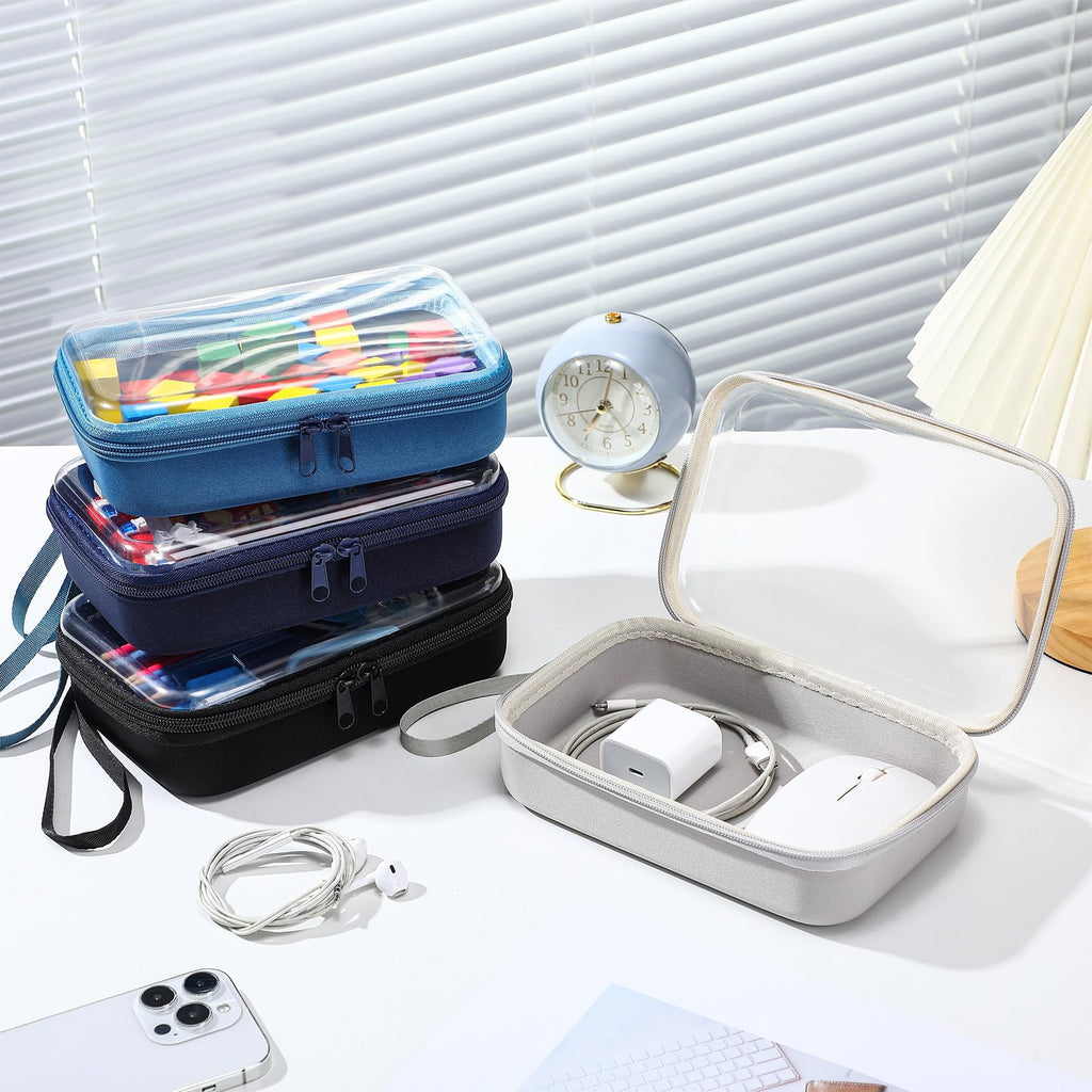 Gaillty 4 Pcs Hard Clear Zipper Case Hard Shell Plastic Pencil Case Large Transparent Pencil Box Portable Travel Organizer Toy Storage Bins for Home Office Cosmetics(Gray,Dark Blue,Blue,Black)