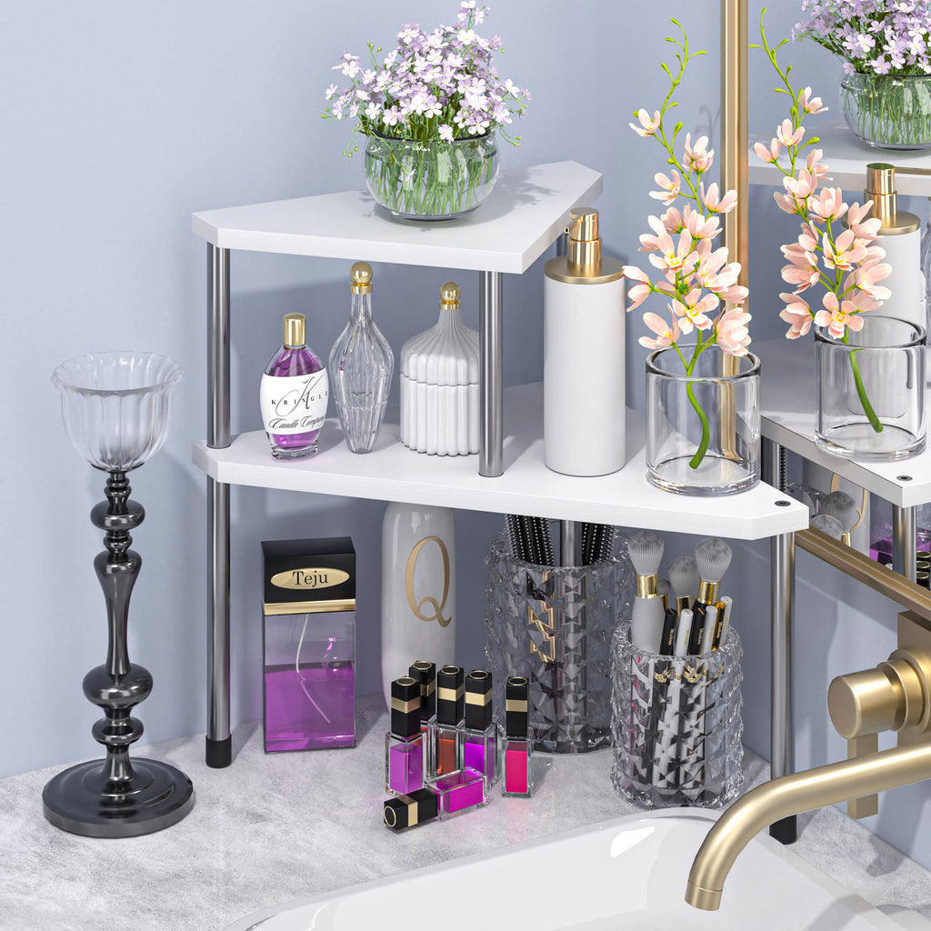 Weenson Bathroom Counter Organizer Over Sink for Toiletries Makeup, Kitchen Countertop Organizer Spice Rack for Salt, 2-Tier Corner Counter Shelf for Coffee Area Storage Dresser Table Bamboo