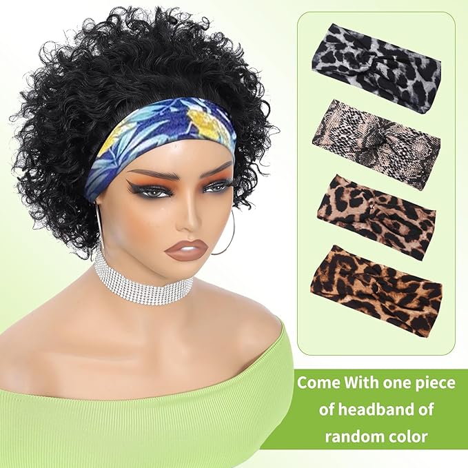 Headband Wig Human Hair Wigs for Black Women Short Curly Human Hair Put on and Go Glueless Wig Natural Black Curly Headband Wigs 8inch