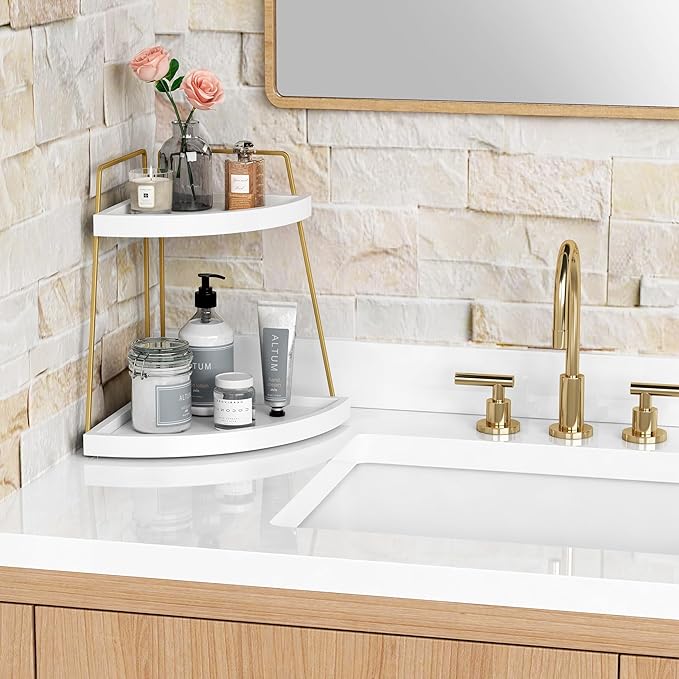 Forbena Corner Bathroom Counter Organizer, 2 Tier Bathroom Organizer Countertop, Small Bathroom Sink Top Trays Corner Shelf Stand for Makeup Vanity Perfume Skincare Decor Storage (White and Gold)