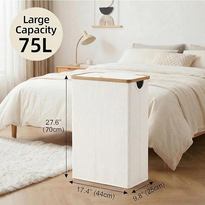 efluky Slim Laundry Basket with Lid, Narrow Laundry Hamper with Removable Bag, Skinny Dirty Clothes Basket with Bamboo Handles for Bathroom, Bedroom & Laundry Room, 75L Beige