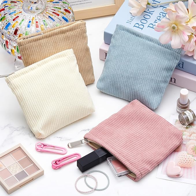 Abbylike 4 Pcs Small Makeup Bag Corduroy Cosmetic Pouch with Zipper Portable Little Bags for Purse Mini Pouch Cute Makeup Purse for Coin Essentials Items Women (Solid)