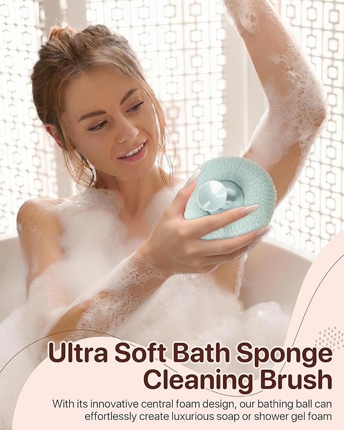 Super Soft Sunflower Suction Cup Bath Ball, New Upgraded 2-in-1 Sunflower Ball Exfoliating Bath Sponge Cleaning Brush, Mesh Shower Body Sponge Accessories for Women, Men (Cyan+Pink)