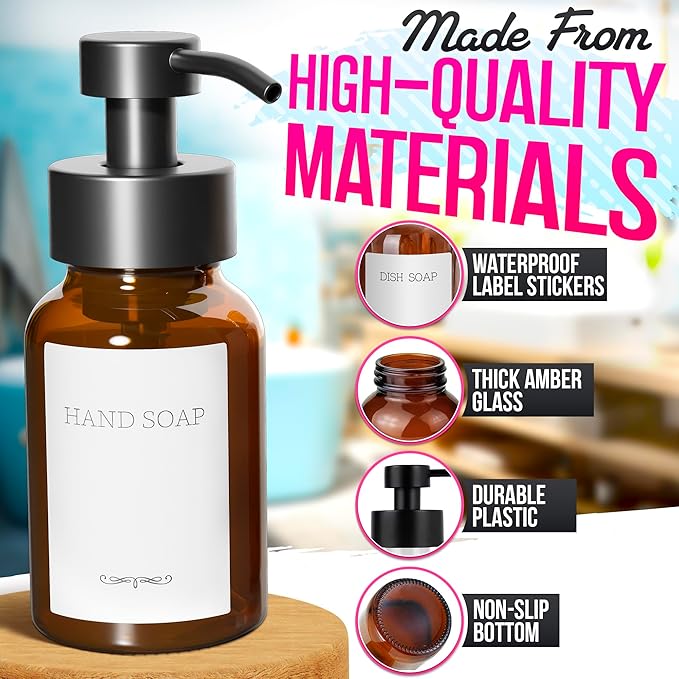 2 Pcs Amber Glass Foaming Soap Dispenser - 8.5 Oz Refillable Glass Foaming Hand Soap Dispenser, Non-Slip Bottom, 6 Moisture-Resistant Labels - Elegant Pump Bottles for Bathroom & Kitchen Counter Decor