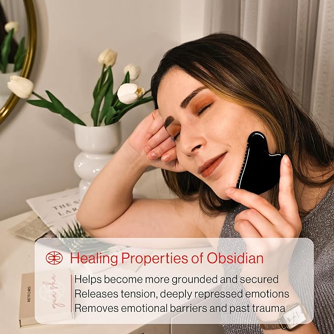 Rena Chris Gua Sha Facial Tools, Obsidian Guasha Tool for Acupuncture, Manual Massage Tool for Jawline Sculpting and Puffiness Reducing, Gua Sha Facial Massage Tool, Skin-Care Gift (Black)