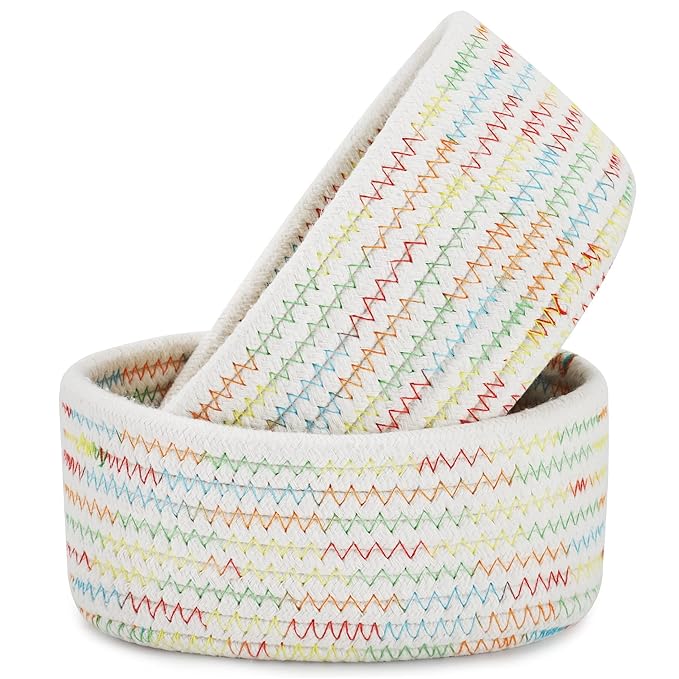 【2 Pack】ABenkle Small Woven Baskets, Tiny Oval Shallow Storage Baskets, Mini Cotton Rope Empty Decorative Basket, Boho Little Organizer Bins for Bathroom, Cat Dog Toy Gifts Baskets
