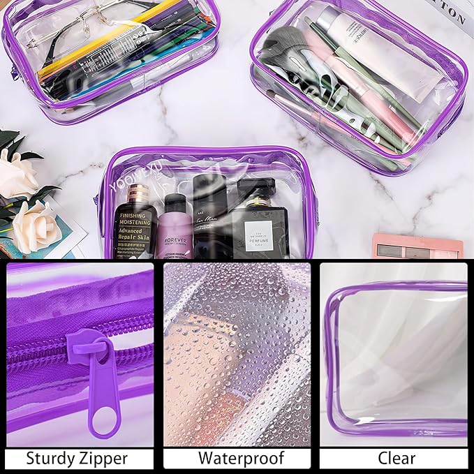 YOQIVEXU 12 Pack Clear Makeup Bag, TSA Approved Toiletry Bag Zippered Clear Cosmetic Pouch, Waterproof Vinyl Plastic Organizer Case for Travel Vacation Bathroom (Purple)