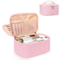 Relavel Large Makeup Bag, Portable Pink Cosmetic Bag for Girls, Dual-layer Makeup Pouch with Brush Holder, Multi-Functional Preppy Toiletry Organizer for Travel, Daily Use - Pink Strip