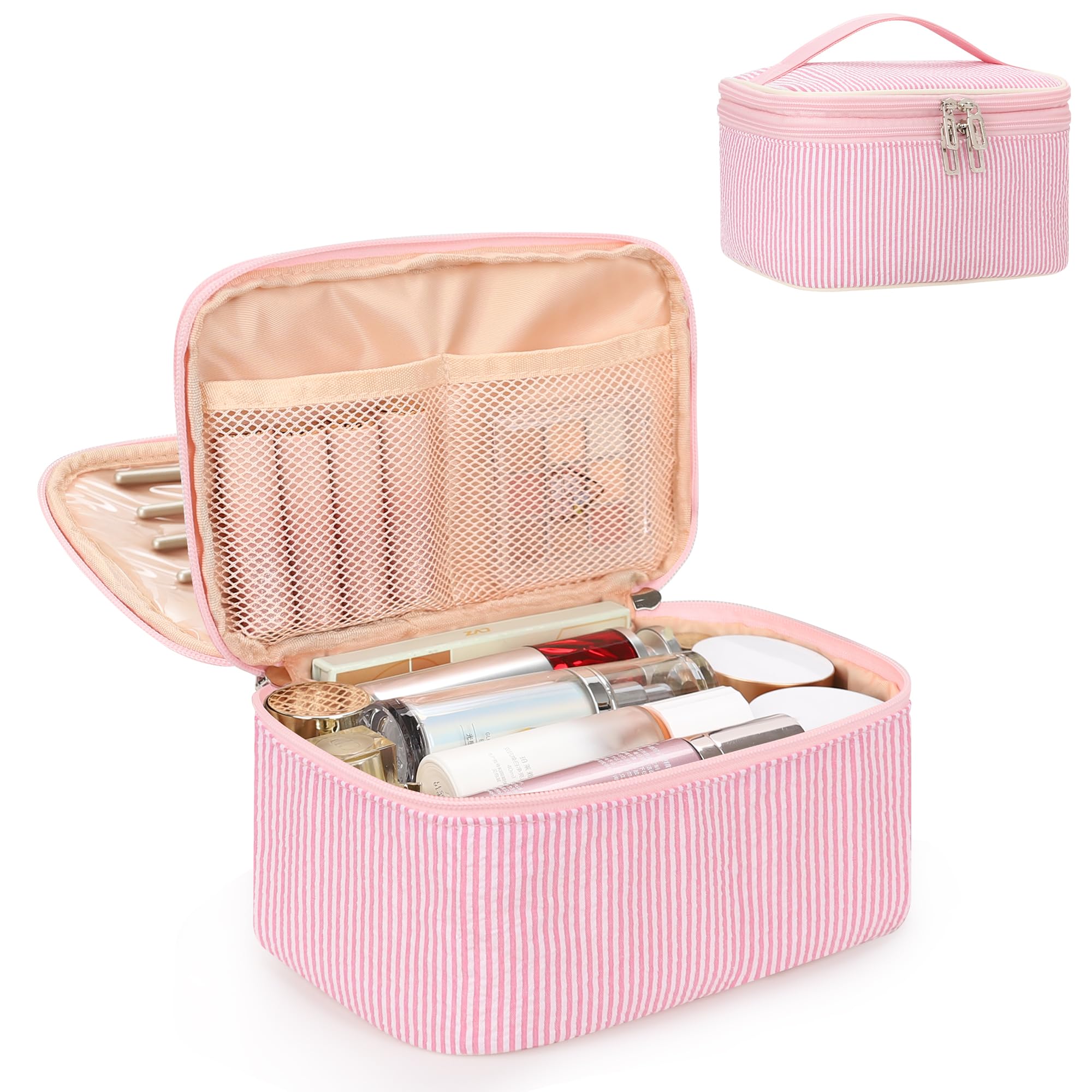 Relavel Large Makeup Bag, Portable Pink Cosmetic Bag for Girls, Dual-layer Makeup Pouch with Brush Holder, Multi-Functional Preppy Toiletry Organizer for Travel, Daily Use - Pink Strip