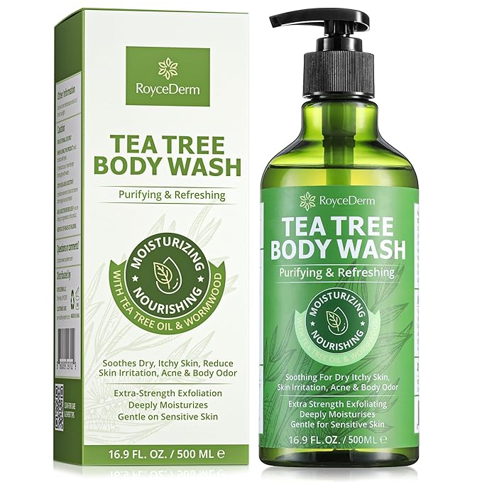 Roycederm Tea Tree Body Wash & Soap, Purifying and Refreshing Body Cleanser with Tea Tree Oil & Wormwood, Moisturizing Body Wash Helps Soothe Skin, Suitable for Men and Women, 16.9 Fl Oz
