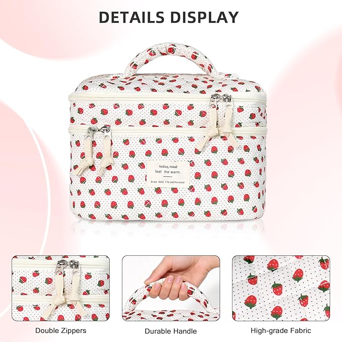 Gosect Makeup Bag, Portable Travel Make up Bag, Large Capacity Quilted Cosmetic Organizer Bag, Cute Floral Toiletry Bag for Women Girls (Strawberry)