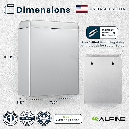 Alpine Sanitary Napkin Receptacle – Wall Mounted Tampon Holder For Bathroom Provides Clean & Odor-Free Restroom for Home, Office & Public Restrooms (Stainless steel)