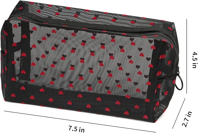 TOPASION Portable Mesh Makeup Bag with Zipper Small Travel Toiletry Bag Lightweight Cosmetic Pouch (Black Square Red Heart)