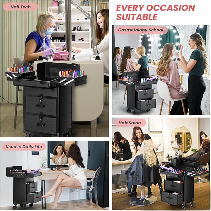 ALUROICE Large Rolling Makeup Train Case, Professional Travel Cosmetology Case on Wheels with Drawers, 3 Tiers Nail Organizers Storage Case for Nail Tech, Tattoo, Hairstylist, Makeup, Extra Large