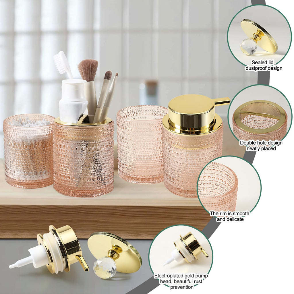 DASITON Bathroom Accessories Set,4Pcs Glass Bathroom Counter Set with Foaming Soap Dispenser,Toothbrush Holder,Bathroom Tumbler,Cotton Swab Jars, for Vanity Bathroom Decor(Pink A)