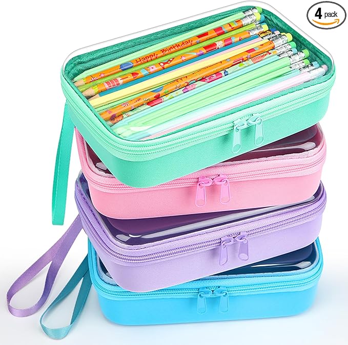 4 Pcs Hard Clear Zipper Case Hard Shell Plastic Pencil Case Large Transparent Pencil Box Portable Travel Organizer Toy Storage Bins for Home Office Cosmetics(Beige, Orange, Dark Blue, Green)