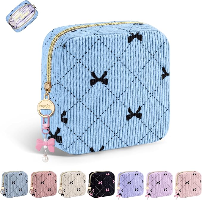 Period Bag for Teen Girls, Corduroy Cute Sanitary Napkin Storage Bag, Menstrual Pad Pouches Tampon Holder for Purse (Light Blue-Bow Tie)