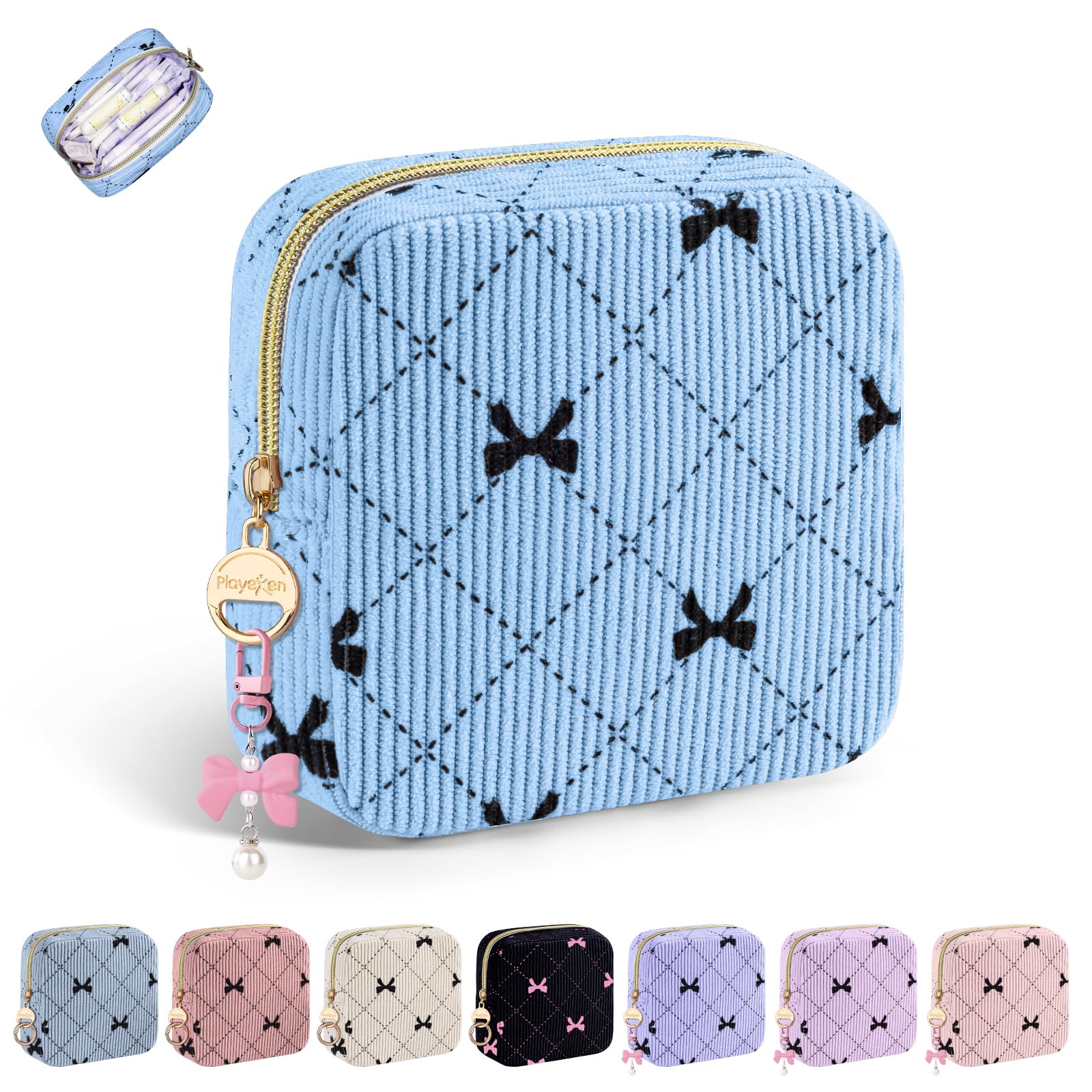 Playexen Period Bag for Teen Girls, Corduroy Sanitary Napkin Pouch, B-LBlue