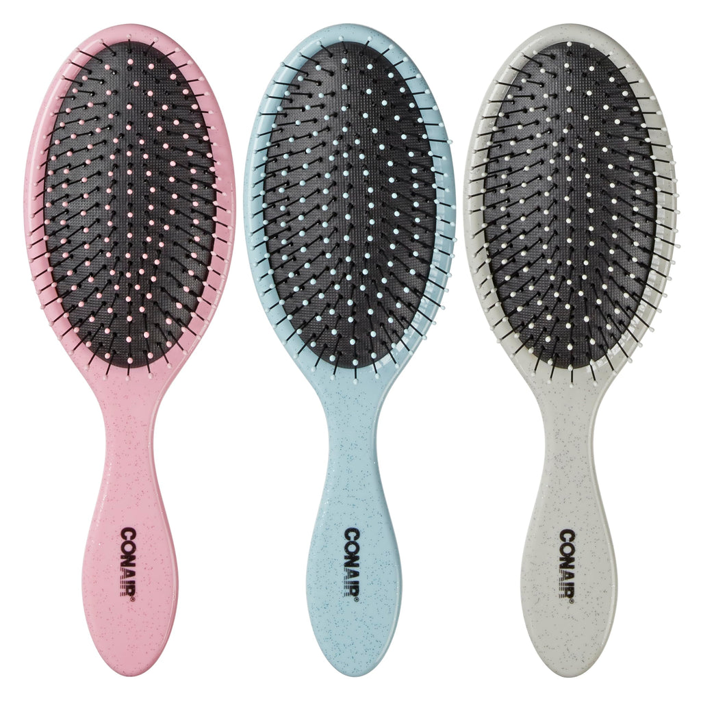 Conair Detangling Hair Brush Set 3 Pack, Use Wet and Dry, Ideal for All Hair Types, Detangling Brushes for women and girls, gifts for her, Glitter Silver, Blue, Pink