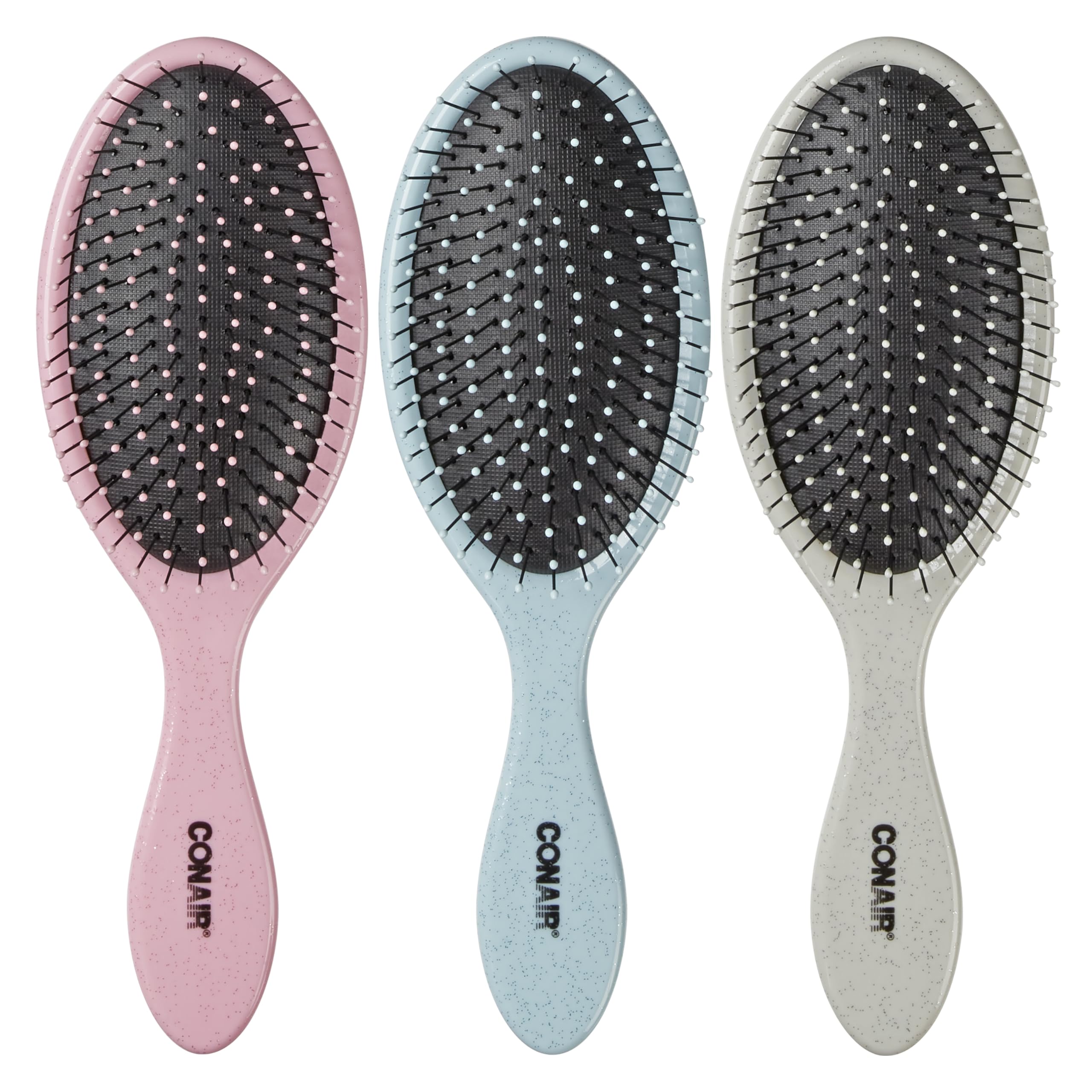 Conair Detangling Hair Brush Set 3 Pack, Use Wet and Dry, Ideal for All Hair Types, Detangling Brushes for women and girls, gifts for her, Glitter Silver, Blue, Pink