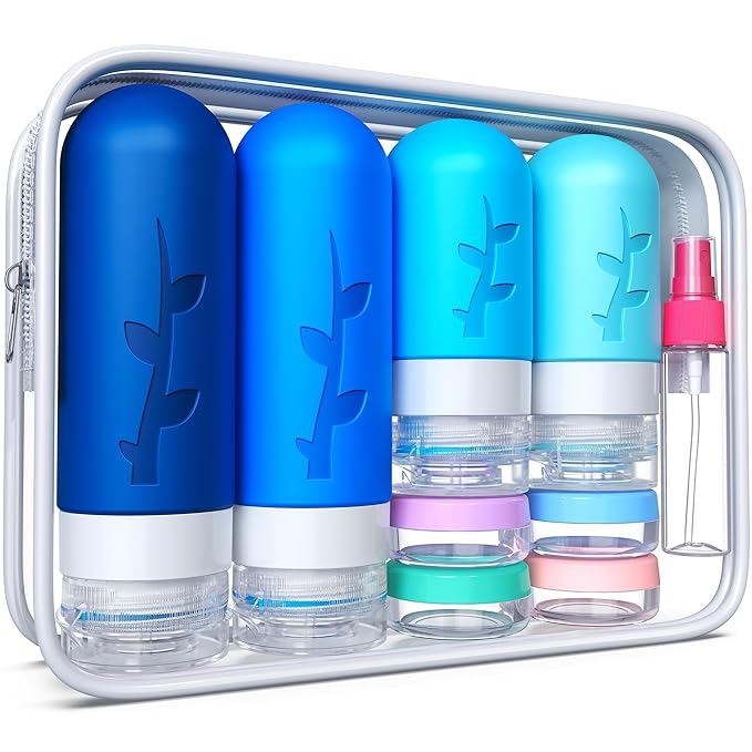 Tocelffe 18pack Travel Bottles for Toiletries,TSA Approved Silicone Travel Containers jar for Toiletries,Leak Proof Refillable Liqus Shampoo And Conditioner Essentials toiletry