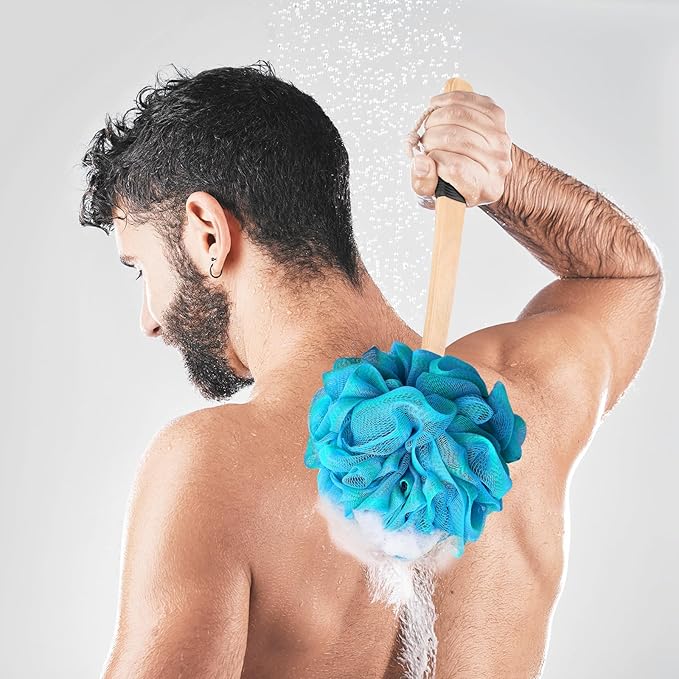 FORENEE Blue and Green Loofah on a Stick, PE Mesh Back Scrubber