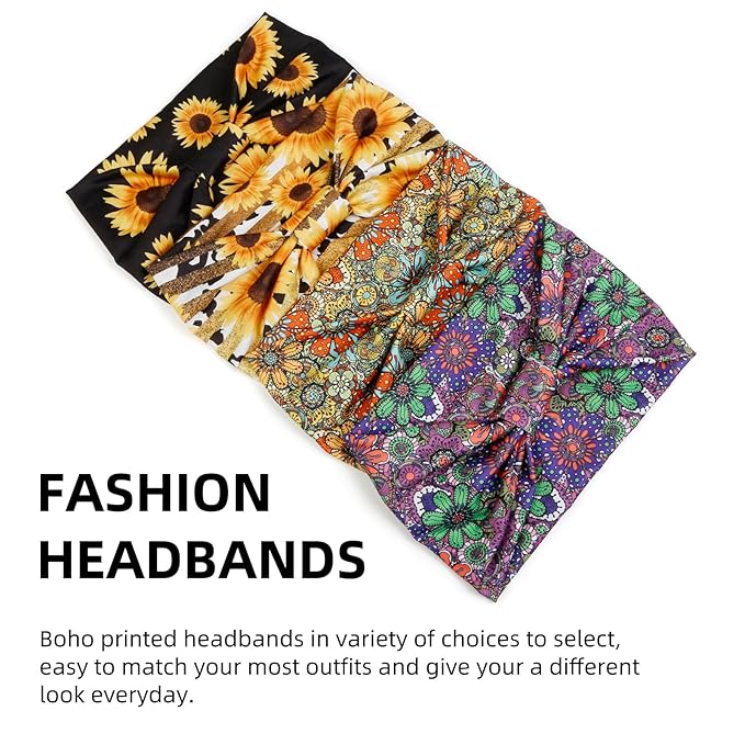Huachi 4 Packs Boho Headbands for Women Wide Sunflower Thick Head Bands for Women's Hair Flower Printed Elastic Hairbands Large African Sport Yoga Turban Headband Hair Accessories (Pack of 4)