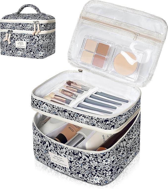 Gosect Makeup Bag, Portable Travel Make up Bag, Large Capacity Quilted Cosmetic Organizer Bag, Cute Floral Toiletry Bag for Women Girls (Black Rose)