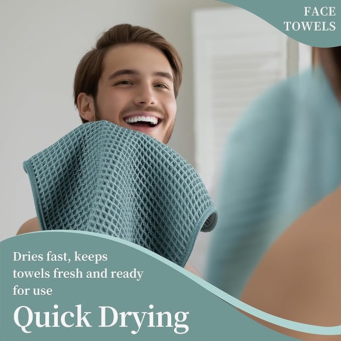 Microfiber Waffle Face Towels, 4 Pieces, Soft, Absorbent, Fast Drying, Lint Free 430 GSM (Green)