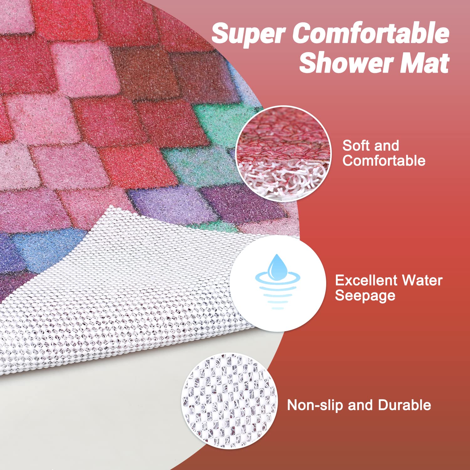 Shower Mat Non-Slip, Soft Comfort Bath Mat with Drainage Holes, PVC Loofah Massage Bathtub Mat for Shower, Tub, Bathroom, Wet Areas, Quick Drying