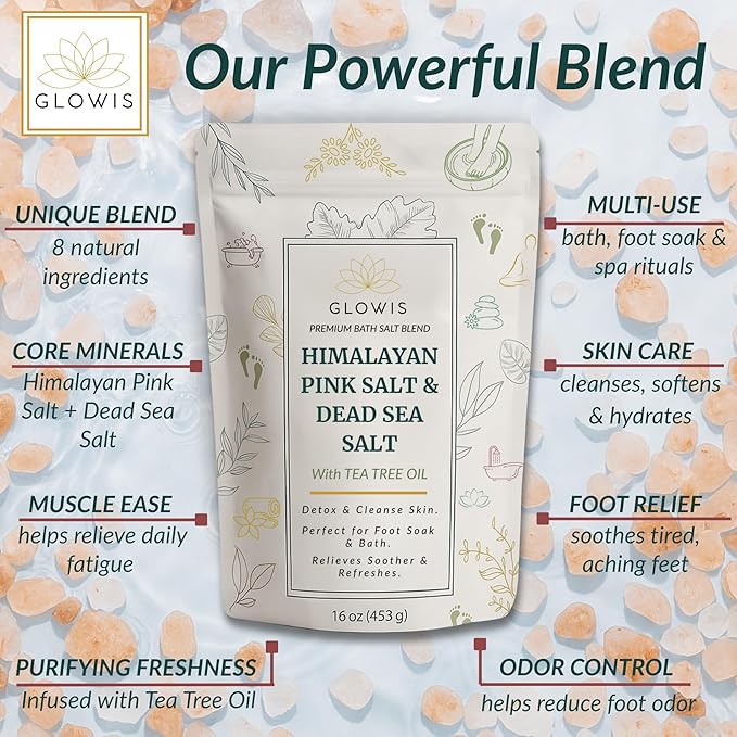 Glowis Tea Tree Oil Foot Soak with Himalayan & Dead Sea Salt | Pedicure Salt Foot Soak for Nail Discoloration, Calluses & Odor | Natural Detox Foot Bath Soak with Sandalwood, Lavender & Rose | 16 oz