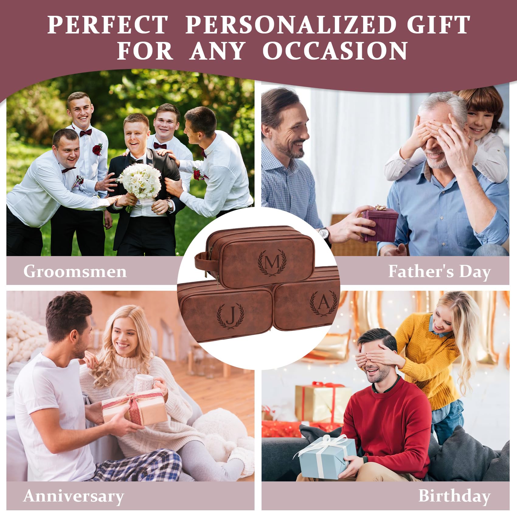 Travel Toiletry Bag For Mens PU Leather Engraved Initials (Red Brown Z)