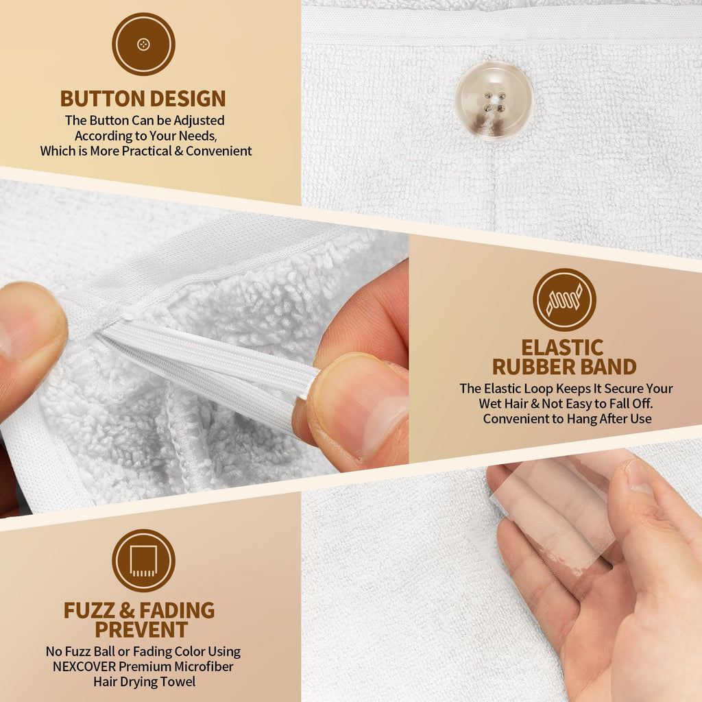 NEXCOVER Hair Towel Microfiber, 2 Pack White 9.8 inch X 25.5 inch Hair Wrap,Ultra Absorbent Hair Turbans,Fast Drying Head Towels for Women Wet Hair,Long,Curly,Thick,Frizzy Hair